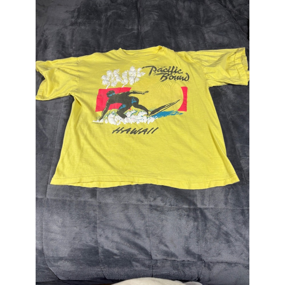Vintage 1988 Pacific Bound Hawaii Surfer T-Shirt Yellow 80s Surf Mens M 20x22‎